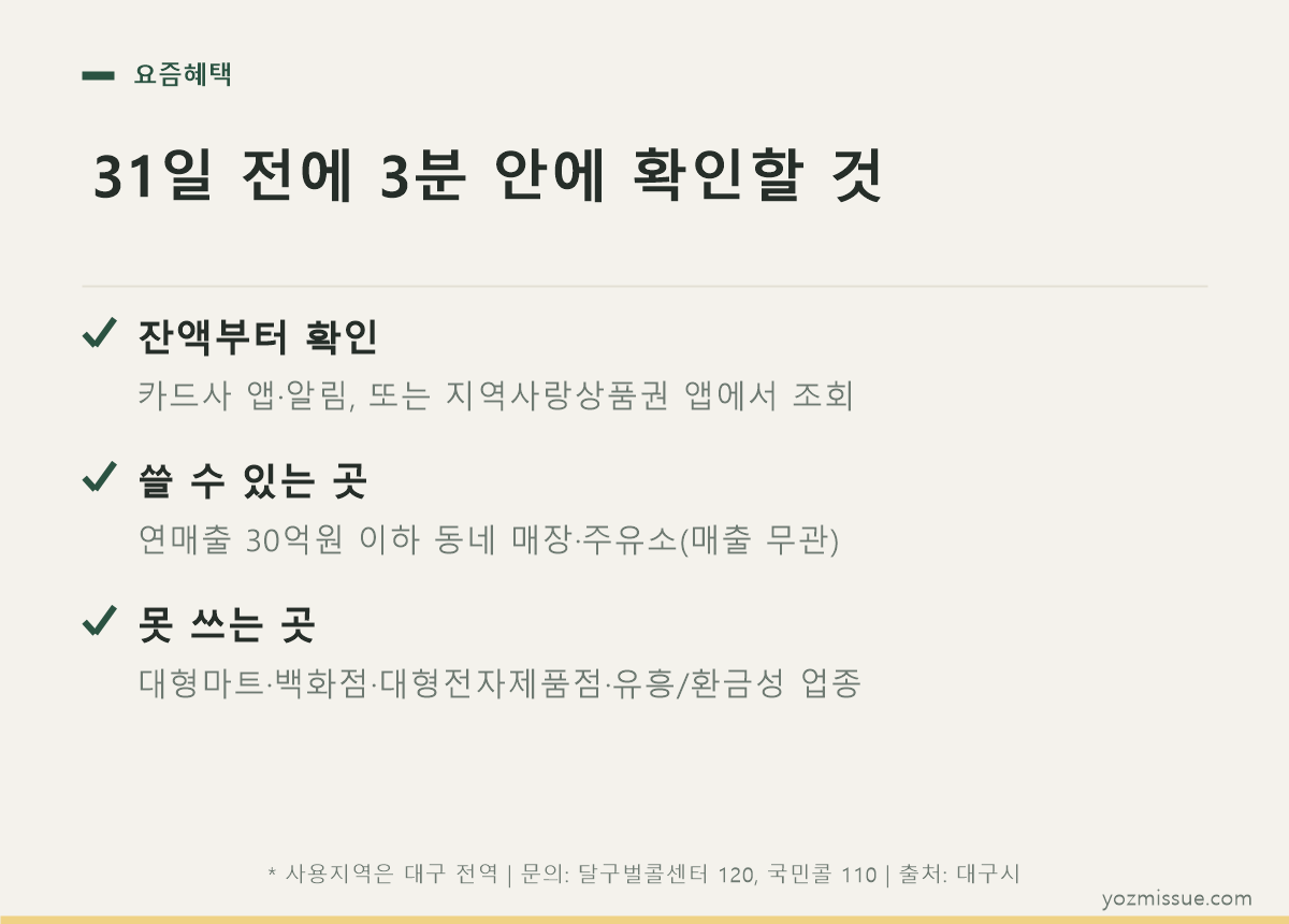 31일 전에 3분 안에 확인할 것 — 잔액 조회, 사용 가능한 곳, 못 쓰는 곳