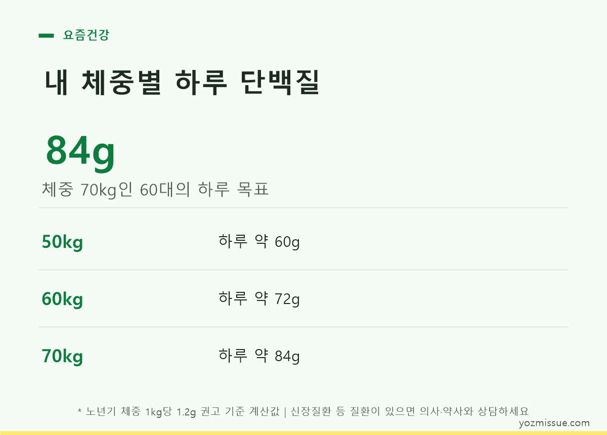내 체중별 하루 단백질 — 70kg이면 하루 84g
