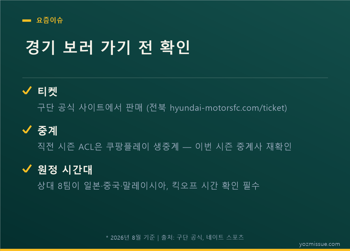 아시아챔피언스리그 경기 보러 가기 전 확인 — 티켓은 구단 공식, 중계사 재확인, 원정 킥오프 시간대