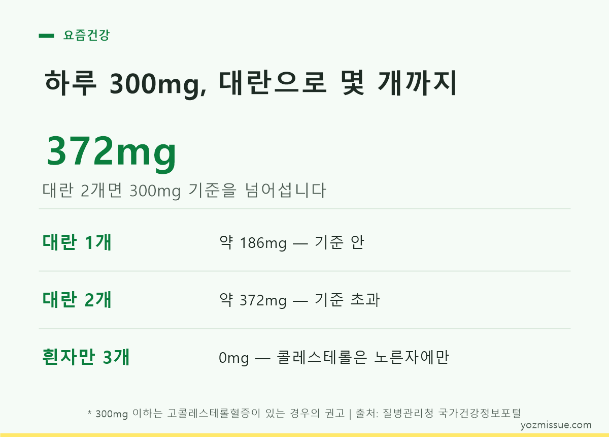 하루 300mg, 대란으로 몇 개까지 — 대란 2개 372mg으로 기준 초과, 흰자만 3개는 0mg
