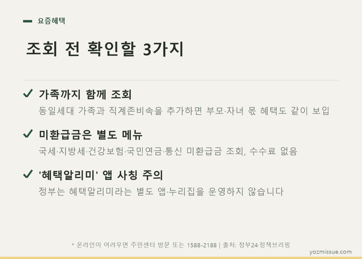 조회 전 확인할 3가지 — 가족 추가 조회, 미환급금 별도 메뉴, 혜택알리미 사칭 앱 주의