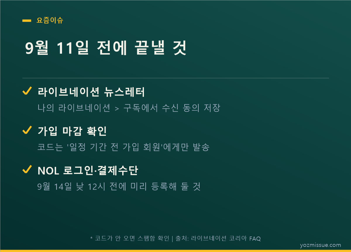 9월 11일 전에 끝낼 것 — 뉴스레터 구독, 가입 마감 확인, NOL 결제수단 등록