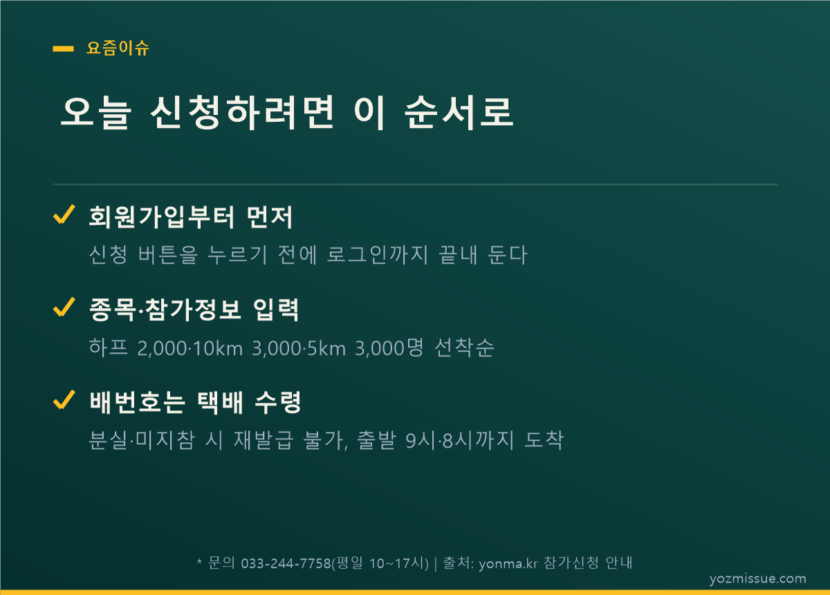 오늘 신청하는 순서 — 회원가입 먼저, 종목 선택, 배번호는 택배 수령