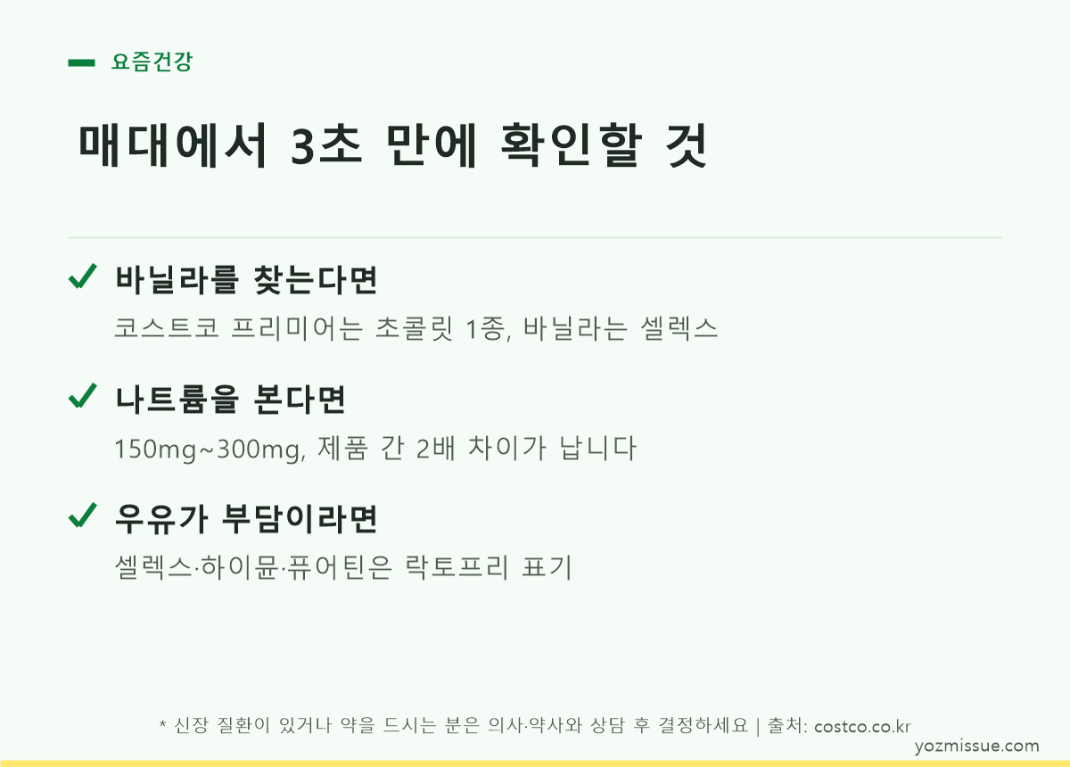 코스트코 단백질음료 매대 체크리스트 — 바닐라·나트륨·락토프리 3가지