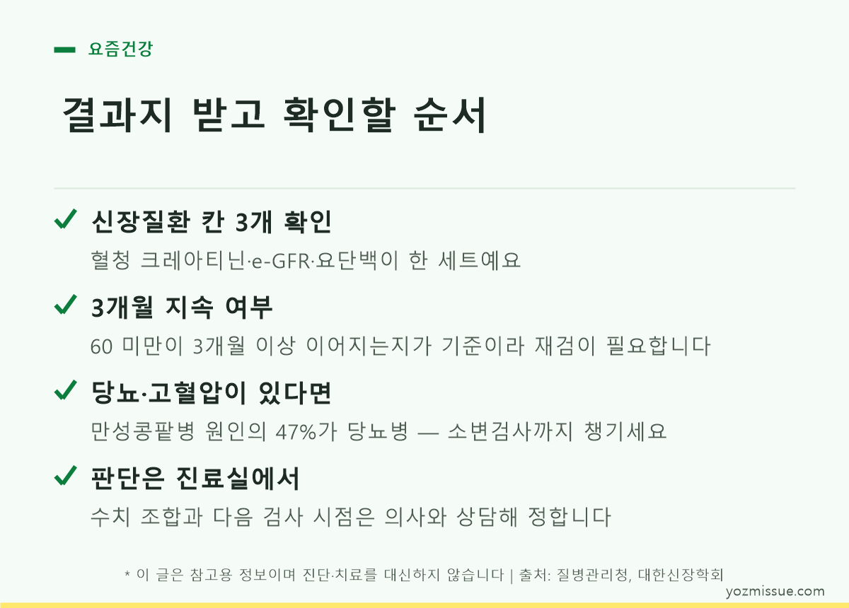 결과지 받고 확인할 순서 — 신장질환 칸 3개, 3개월 지속 여부, 당뇨·고혈압 동반 확인