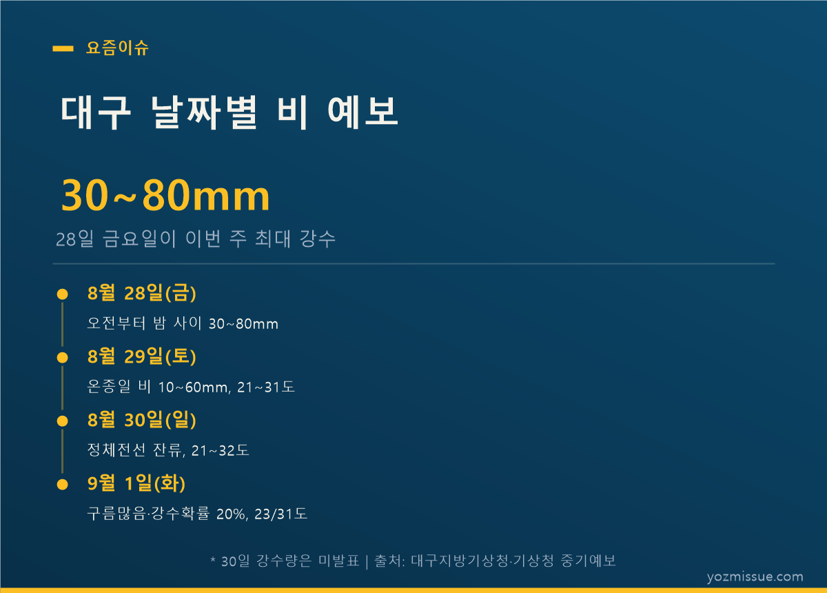 대구 날짜별 비 예보 — 28일 금요일이 이번 주 최대 강수