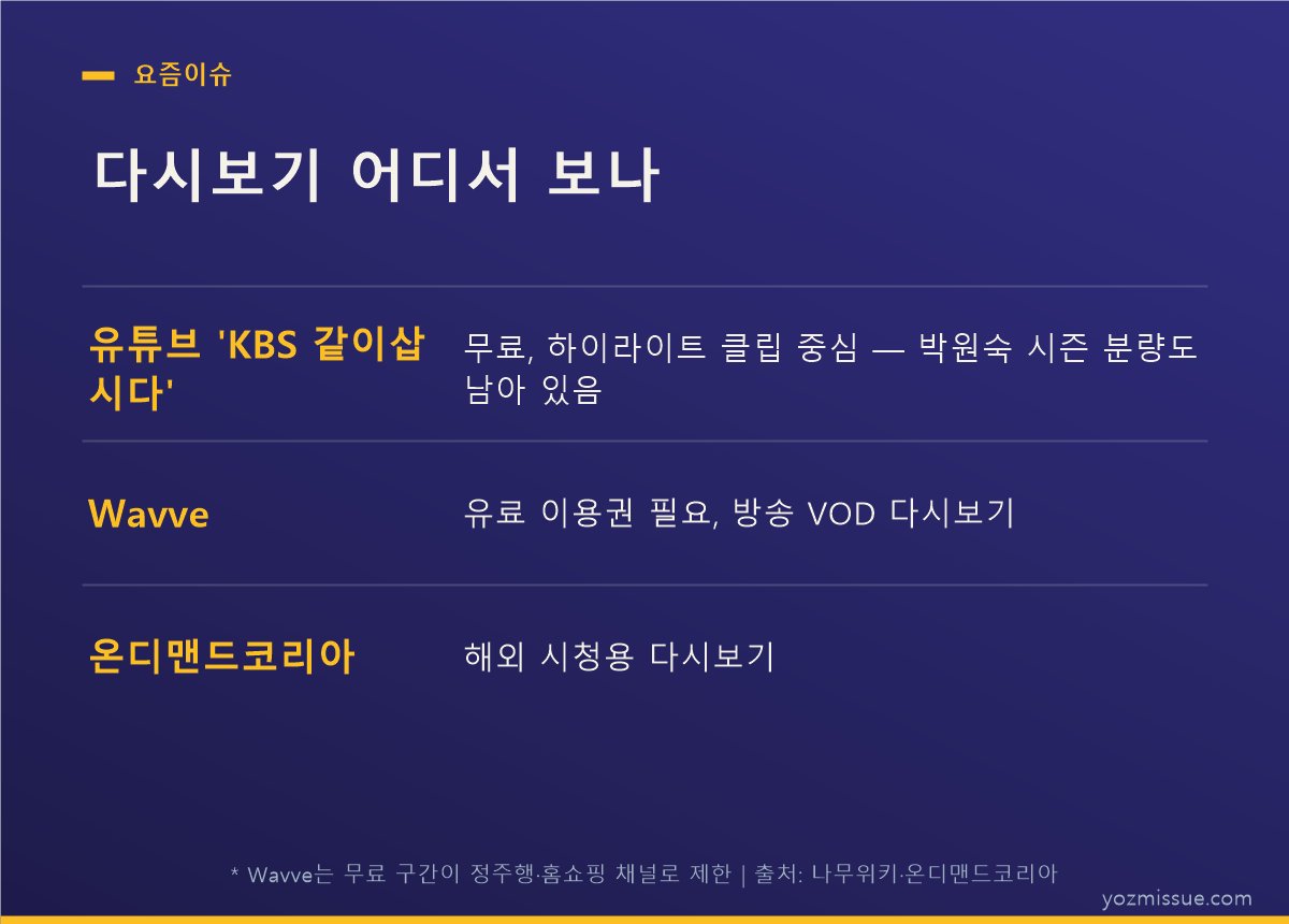 다시보기 어디서 보나 — 유튜브 무료 클립, Wavve 유료 VOD, 해외는 온디맨드코리아