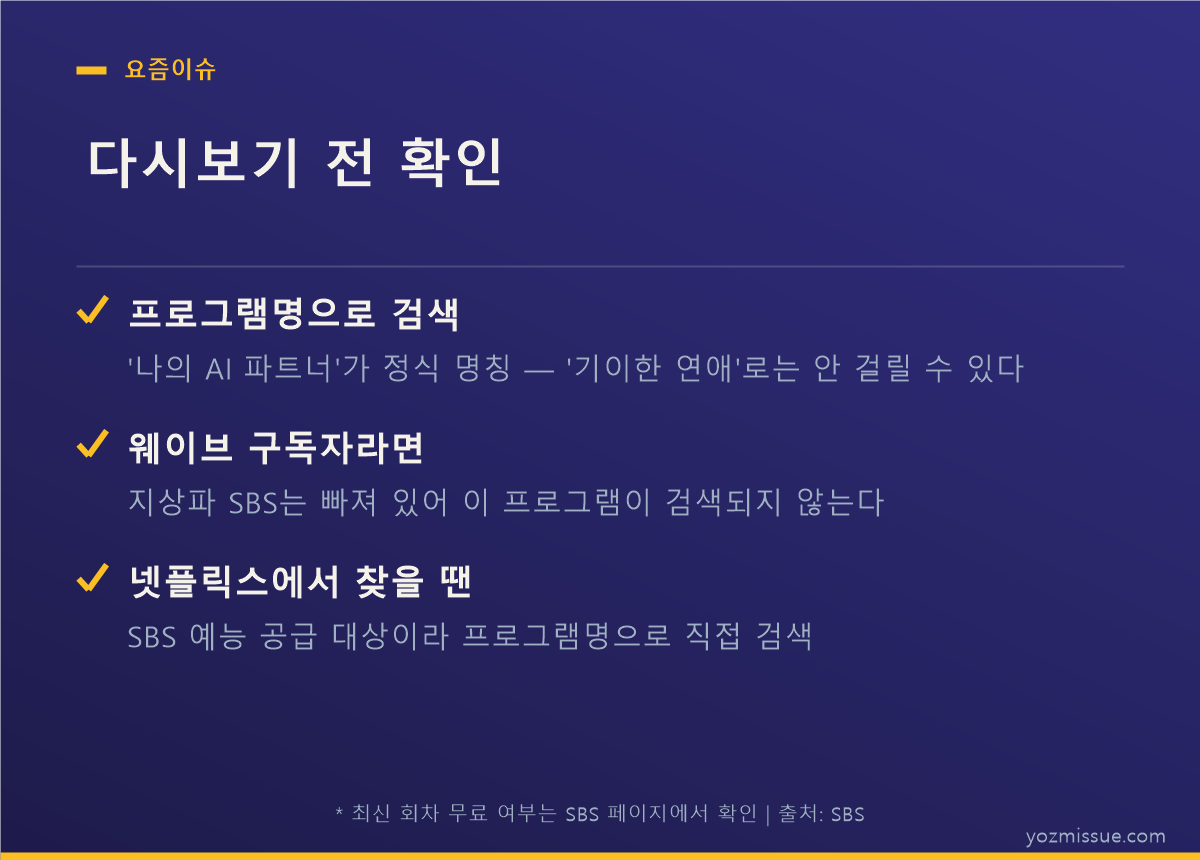 다시보기 전 확인 — 정식 명칭으로 검색, 웨이브엔 지상파 SBS 없음, 넷플릭스는 프로그램명 직접 검색