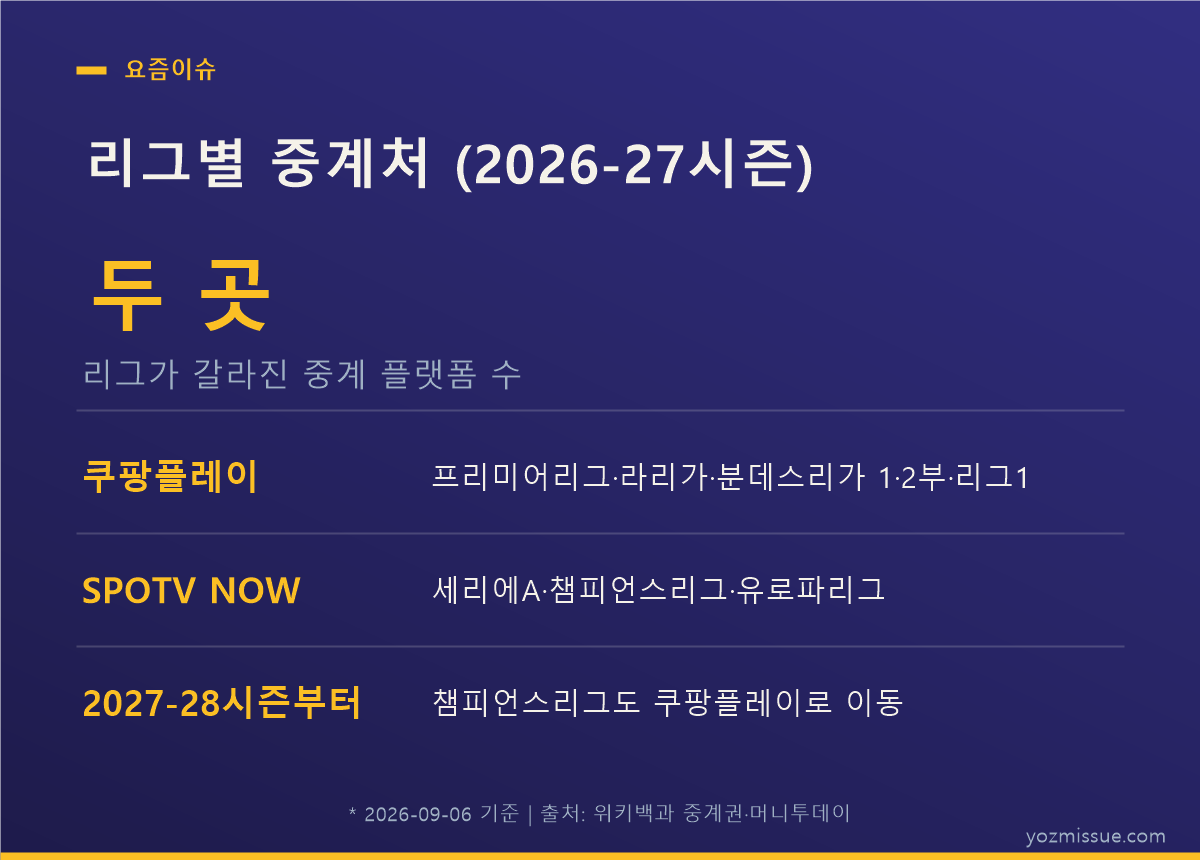 리그별 중계처 — 2026-27시즌 쿠팡플레이와 SPOTV NOW로 갈린 중계 플랫폼