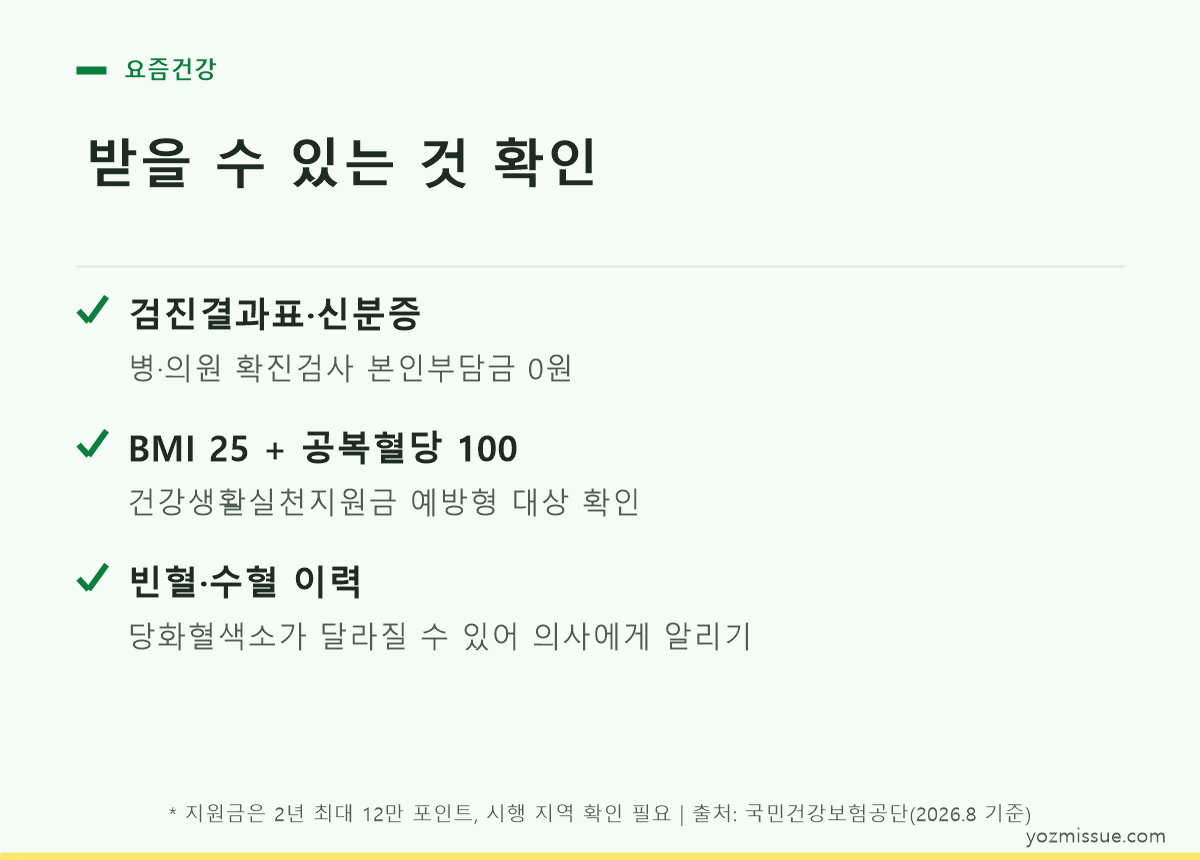 받을 수 있는 것 확인 — 확진검사 0원, 지원금 대상, 빈혈·수혈 이력 알리기