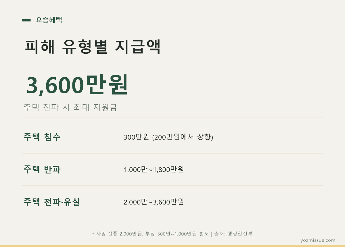 피해 유형별 지급액 — 주택 침수 300만원, 반파 1,000만1,800만원, 전파·유실 2,000만3,600만원