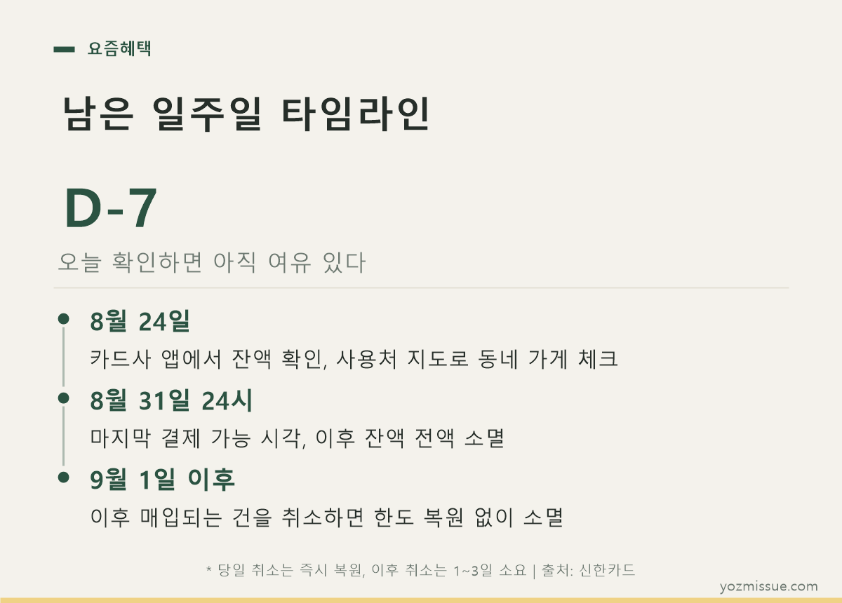 남은 일주일 타임라인 — 8월 31일 24시가 마지막 결제 시각