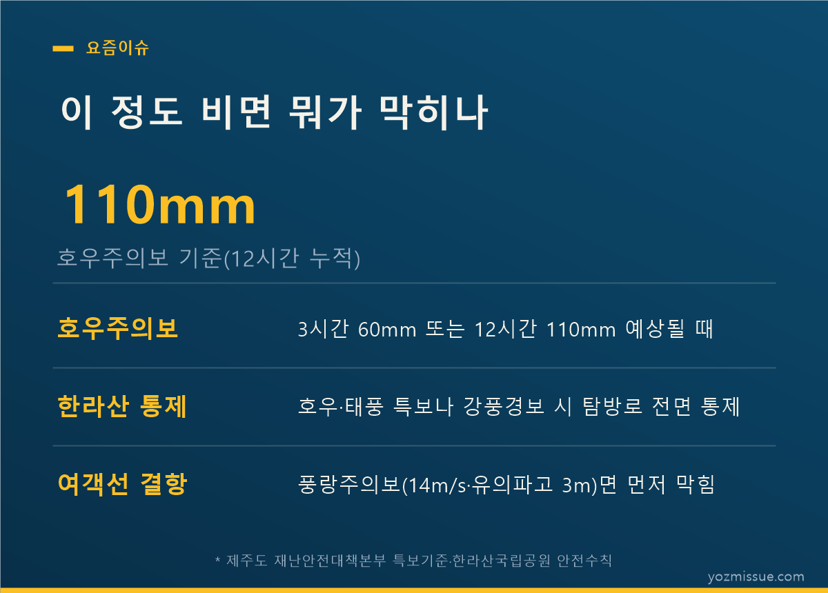 이 정도 비면 뭐가 막히나 — 호우주의보 기준 12시간 110mm, 한라산은 특보 시 전면 통제