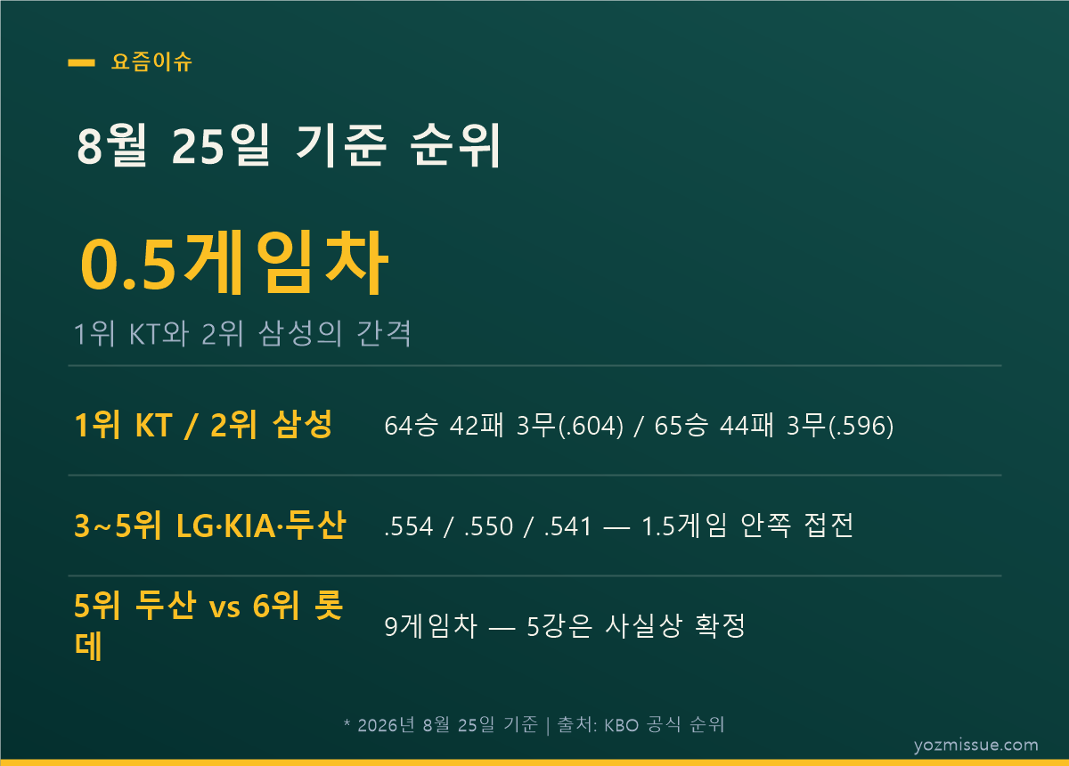 8월 25일 기준 순위 — 1위 KT와 2위 삼성 0.5게임차, 5위 두산과 6위 롯데 9게임차