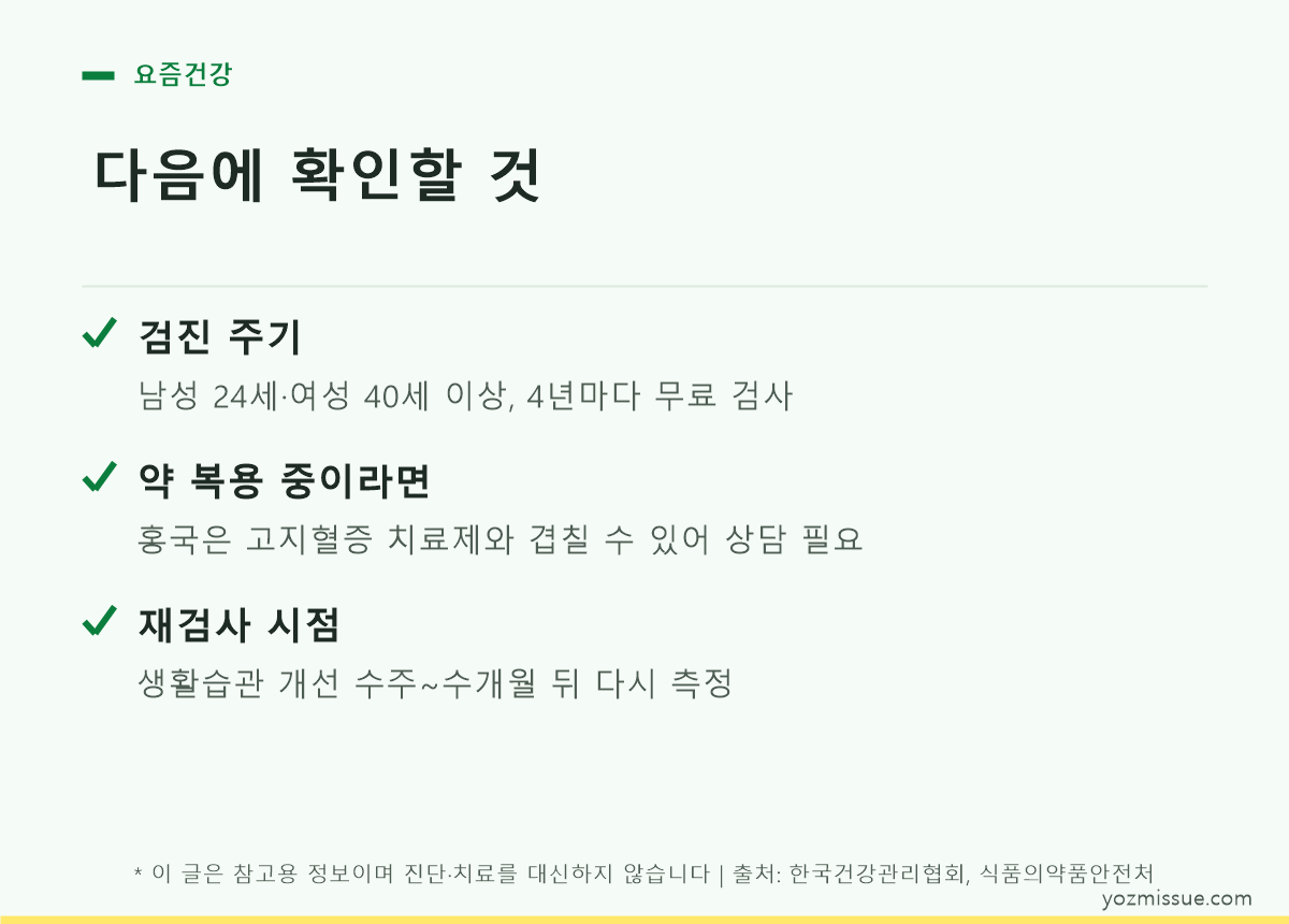 홍국 등 콜레스테롤 건강기능식품과 스타틴 복용 시 주의사항을 안내하는 카드 이미지