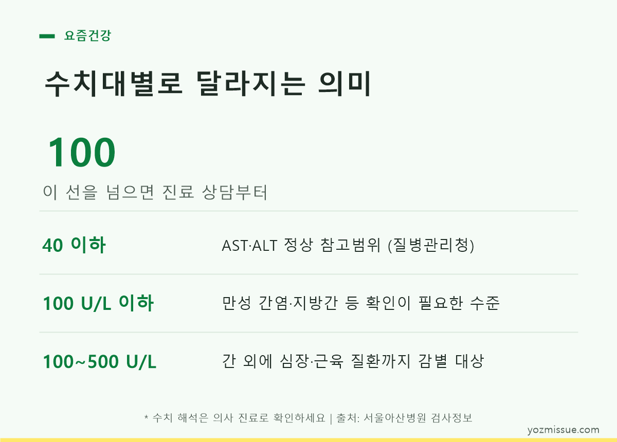 간수치 구간별 의미 카드 - 40 이하 정상 참고범위, 100 U/L 이하 확인 필요, 100~500 U/L 간 외 질환까지 감별