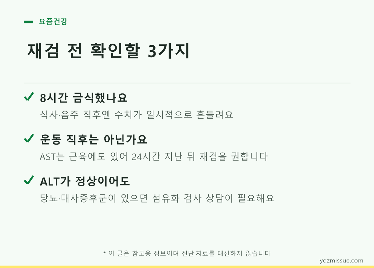 재검 전 확인할 3가지 카드 - 8시간 금식 여부, 운동 후 24시간 경과, 당뇨·대사증후군 동반 시 섬유화 검사 상담