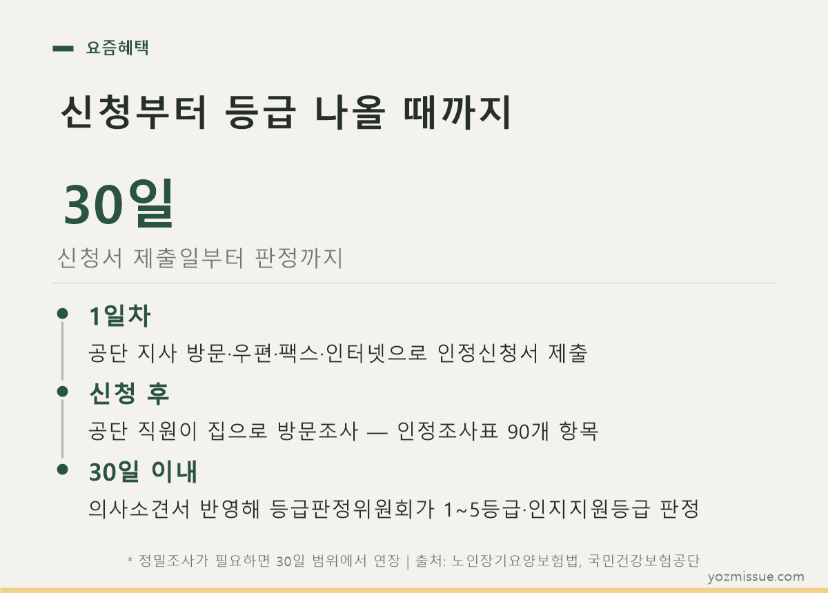 신청부터 등급 나올 때까지 — 신청서 제출일부터 30일 이내 판정, 방문조사 90개 항목
