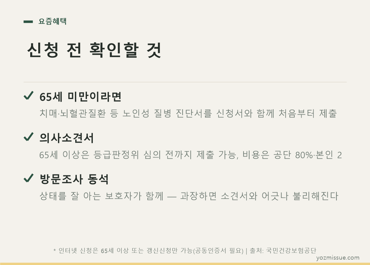 신청 전 확인할 것 — 65세 미만은 진단서 동시 제출, 의사소견서, 방문조사 동석