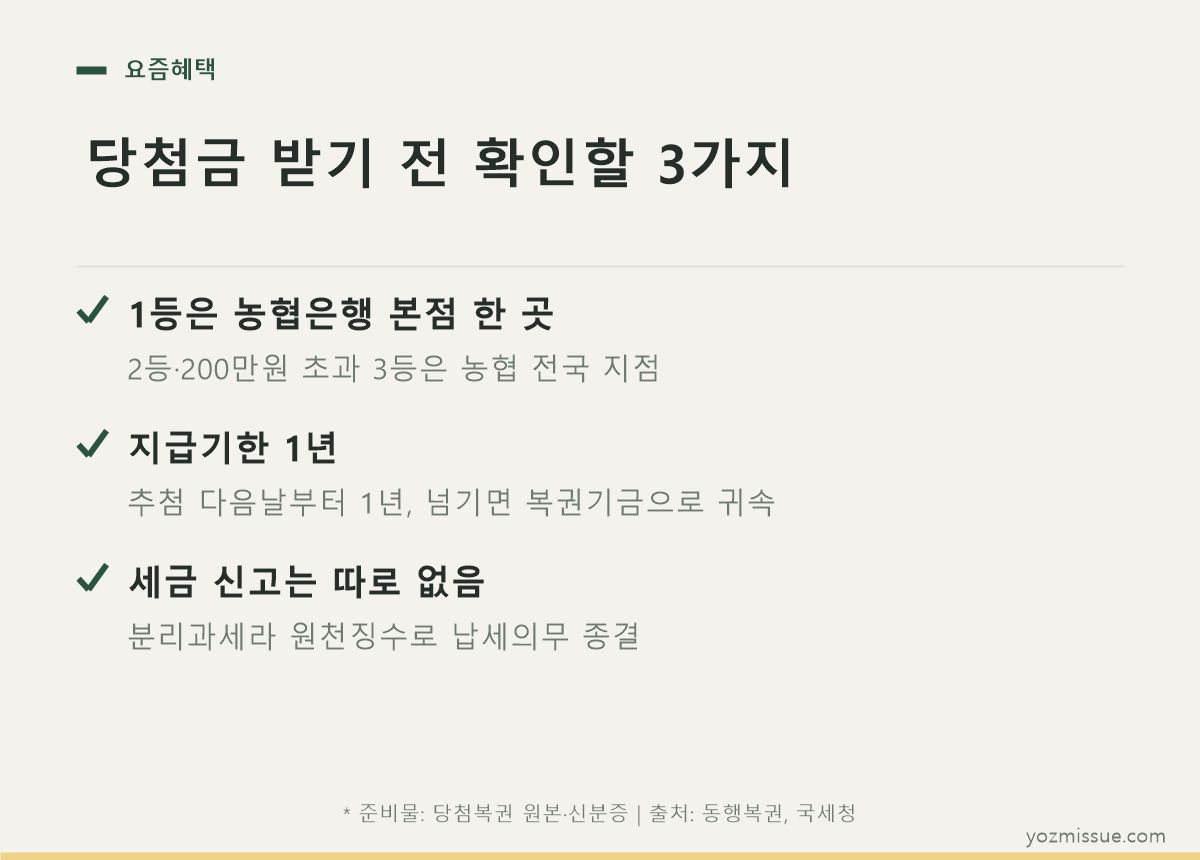 당첨금 받기 전 확인할 3가지 — 농협 본점 수령, 지급기한 1년, 별도 신고 없음