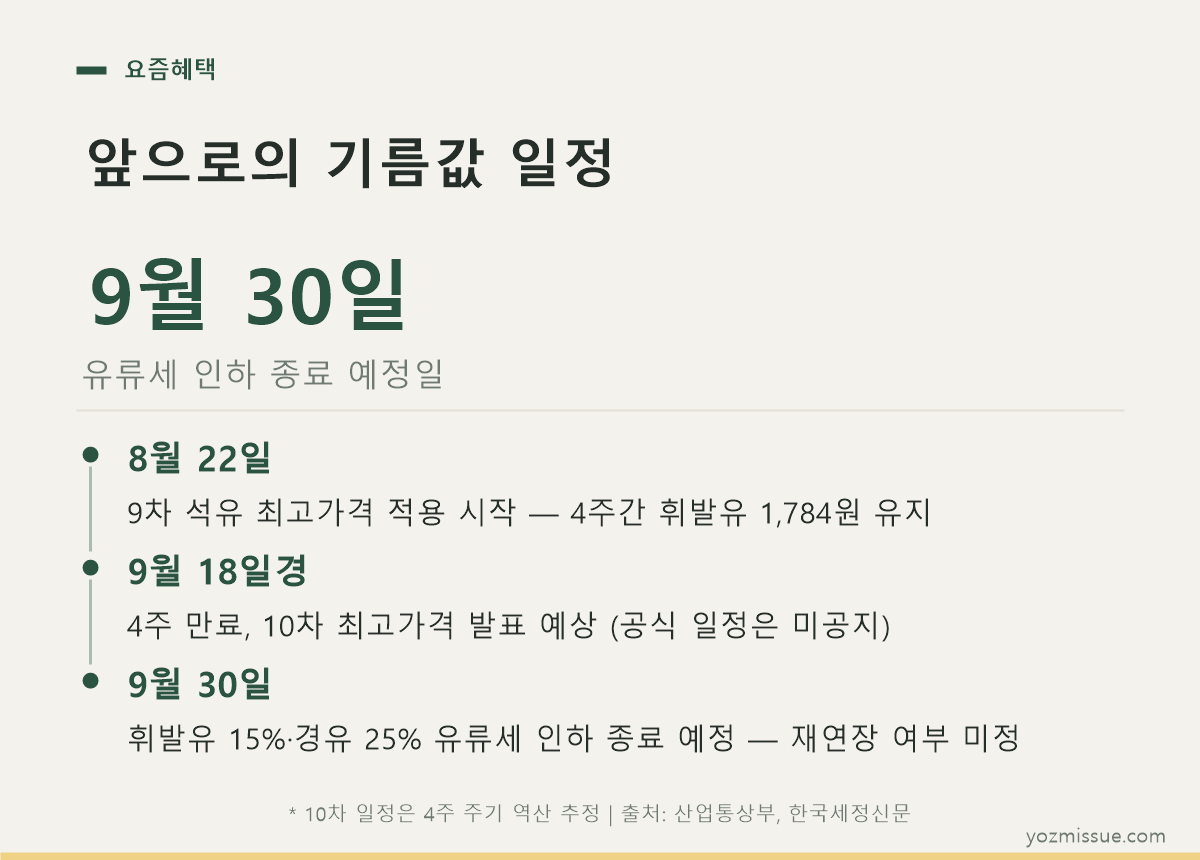 앞으로의 기름값 일정 — 유류세 인하 종료 예정일 9월 30일