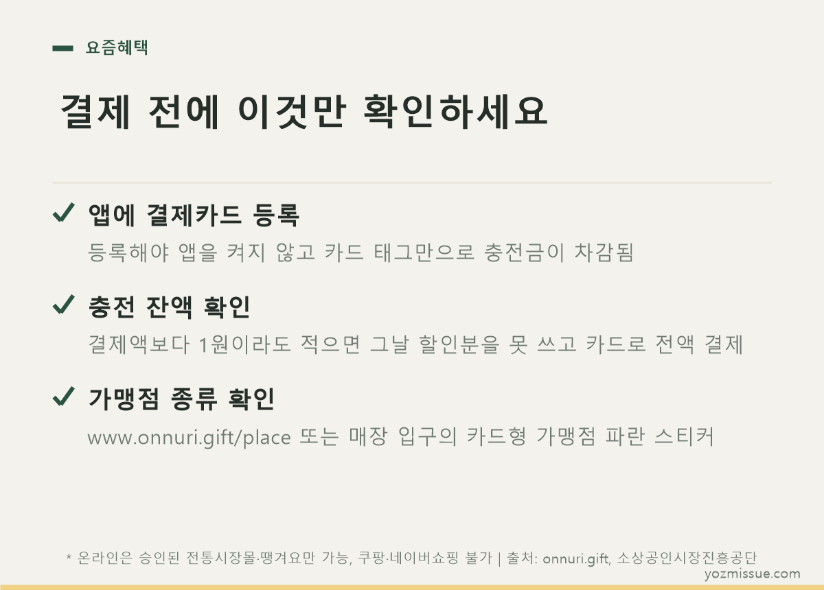 결제 전 확인 목록 — 카드 등록, 충전 잔액, 가맹점 종류