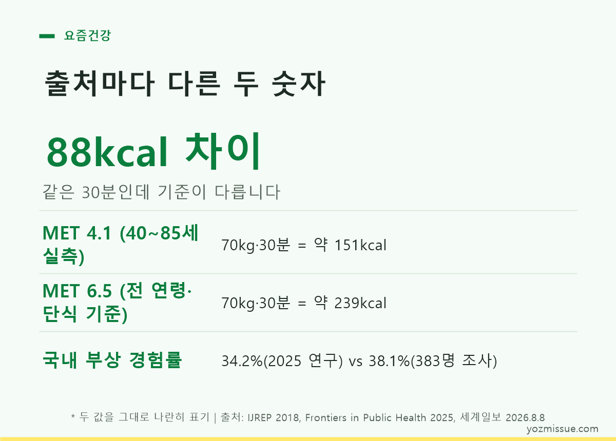 출처마다 다른 두 숫자 — MET 4.1은 151kcal, MET 6.5는 239kcal로 88kcal 차이