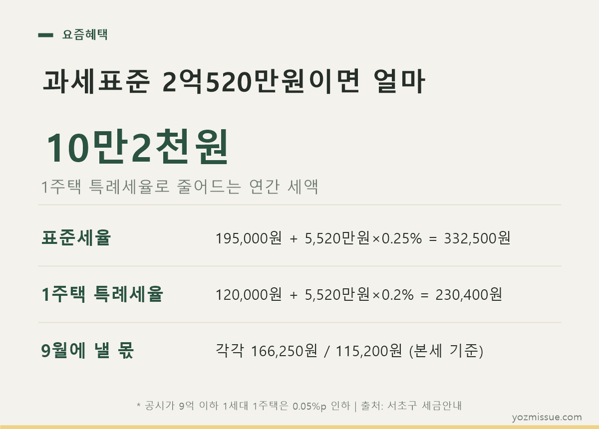 과세표준 2억520만원 재산세 계산 — 표준세율과 1주택 특례세율 비교