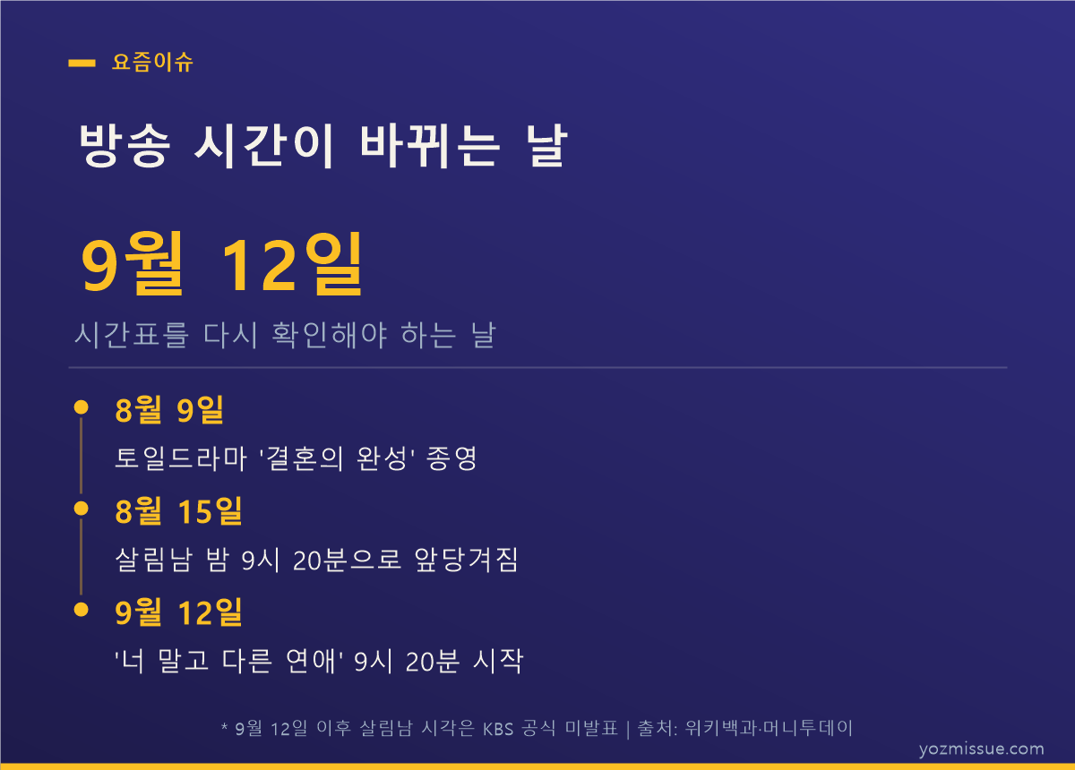 방송 시간이 바뀌는 날 — 9월 12일 '너 말고 다른 연애' 9시 20분 시작