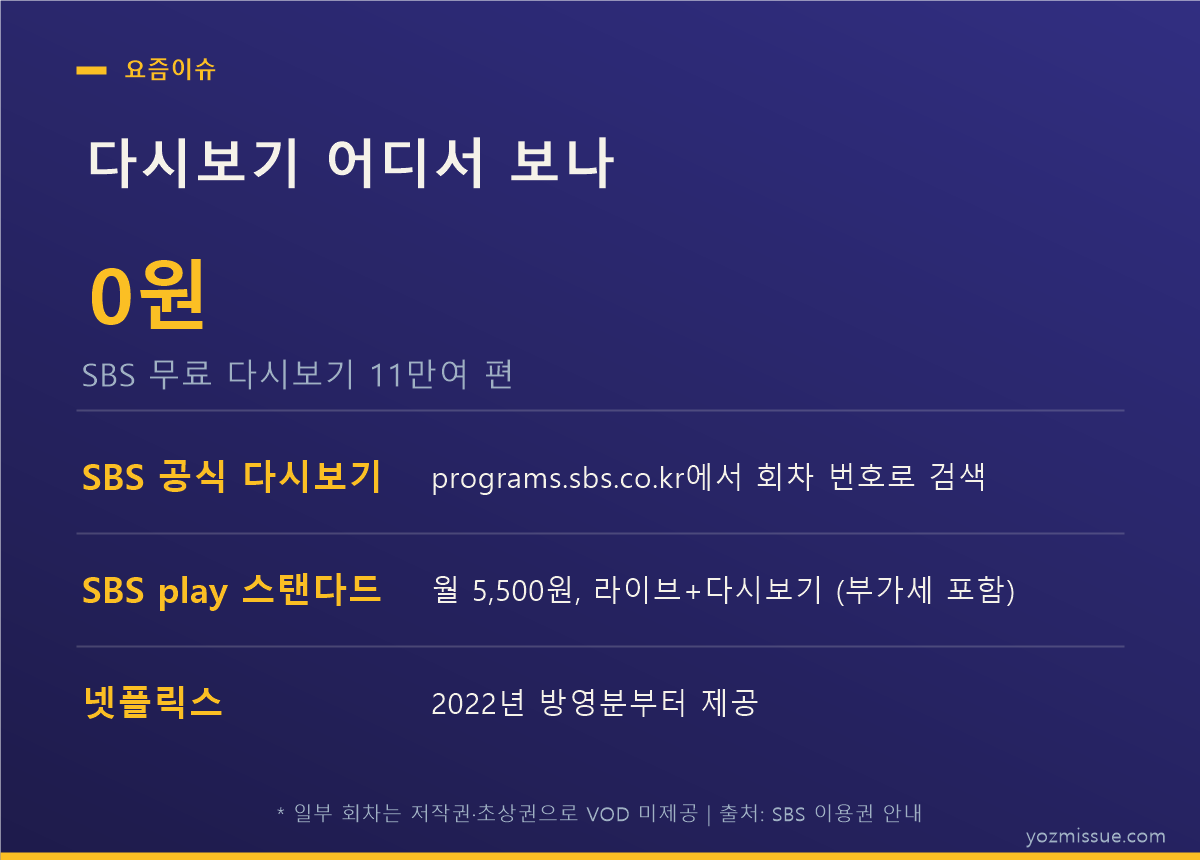 다시보기 경로 카드 — SBS 무료 다시보기 11만여 편, play 스탠다드 월 5,500원, 넷플릭스 2022년분부터