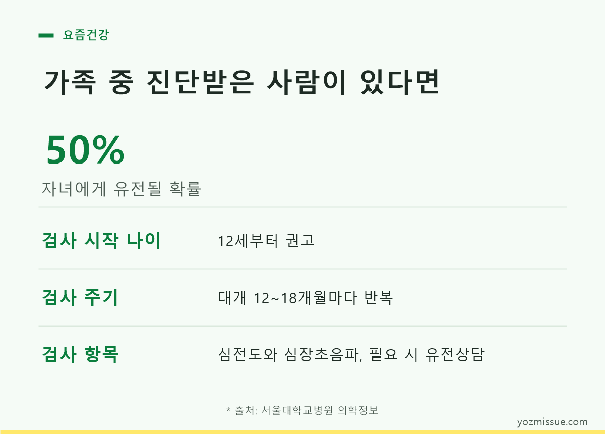 가족 중 진단받은 사람이 있다면 — 자녀 유전 확률 50%, 12세부터 12~18개월마다 검사