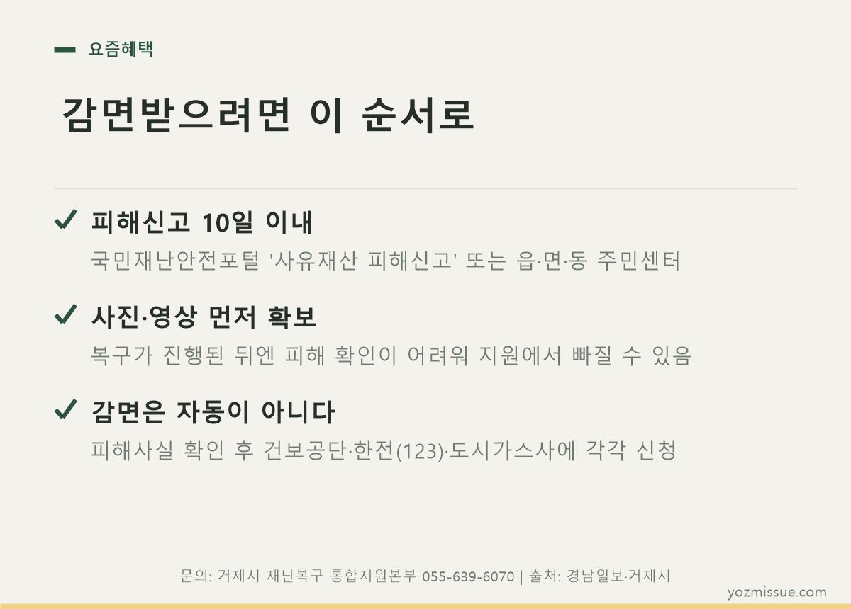 감면 신청 체크리스트 — 피해신고 10일 이내, 사진 먼저, 감면은 기관별 신청