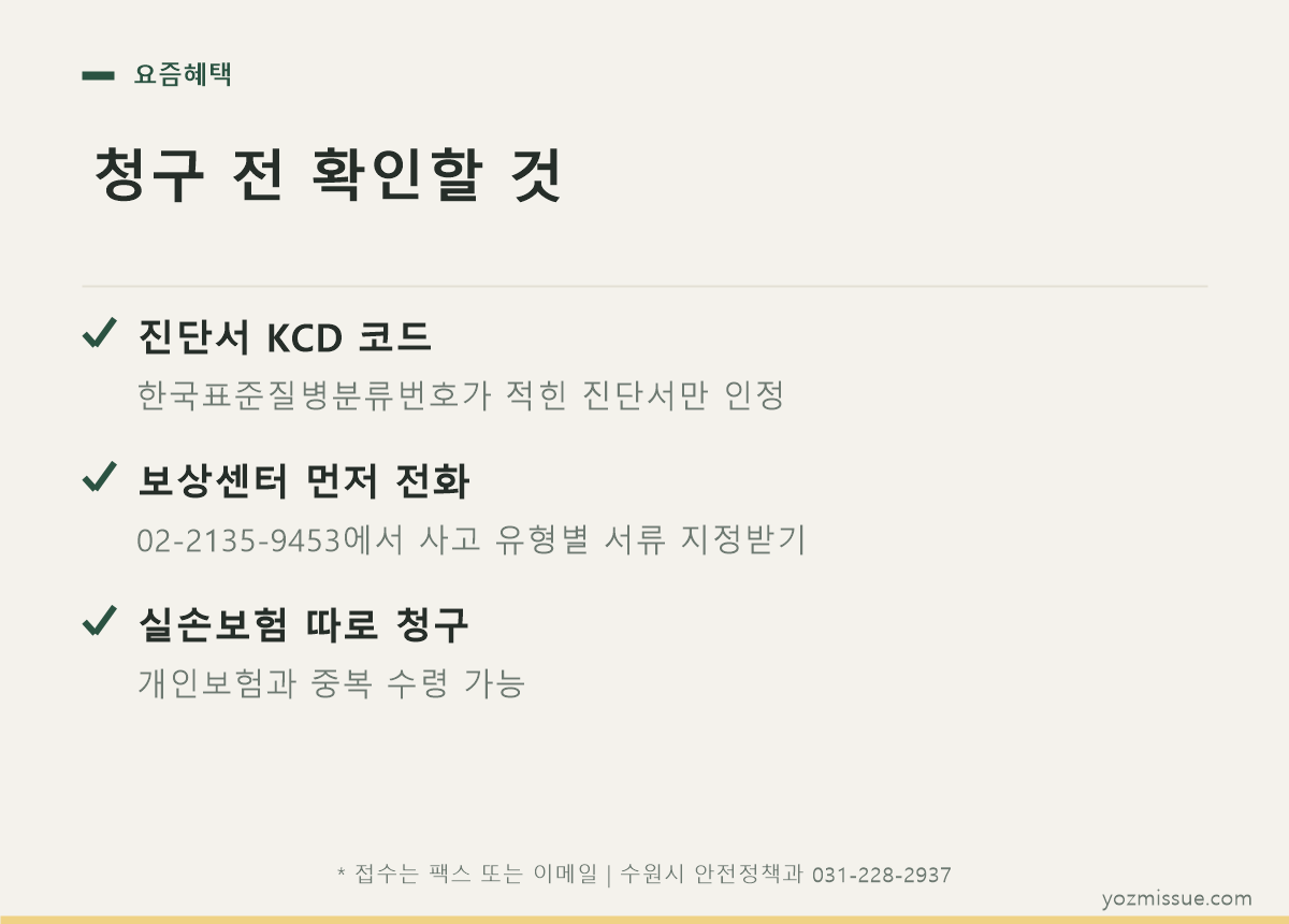 청구 전 확인할 것 — KCD 코드 적힌 진단서, 보상센터 사전 문의, 실손보험은 별도 청구