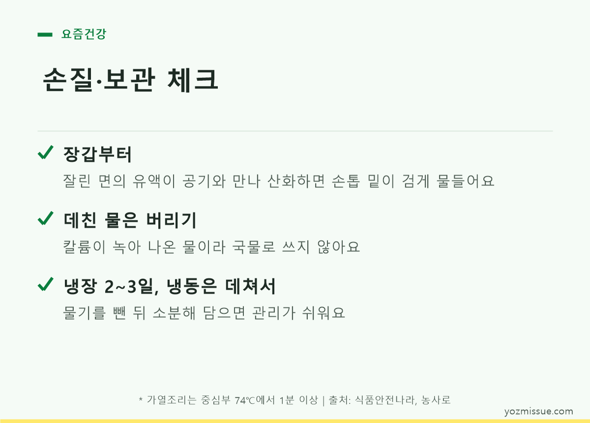 손질·보관 체크 — 장갑, 데친 물 버리기, 냉장 2~3일