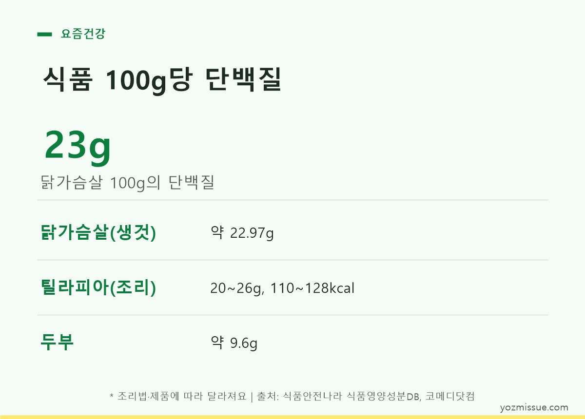 닭가슴살·달걀·두부·틸라피아의 100g당 단백질을 비교한 카드 이미지