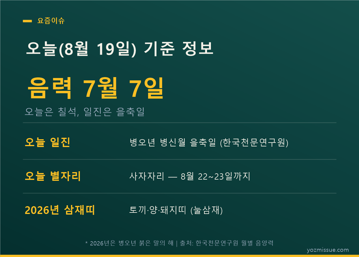 오늘 8월 19일 기준 정보 — 음력 7월 7일 칠석, 일진 병오년 병신월 을축일