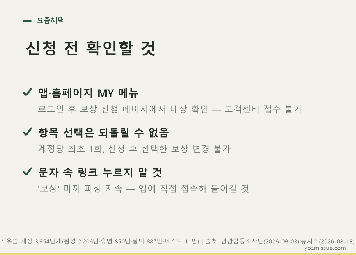 신청 전 확인할 것 — MY 메뉴 접수, 계정당 1회, 문자 링크 금지