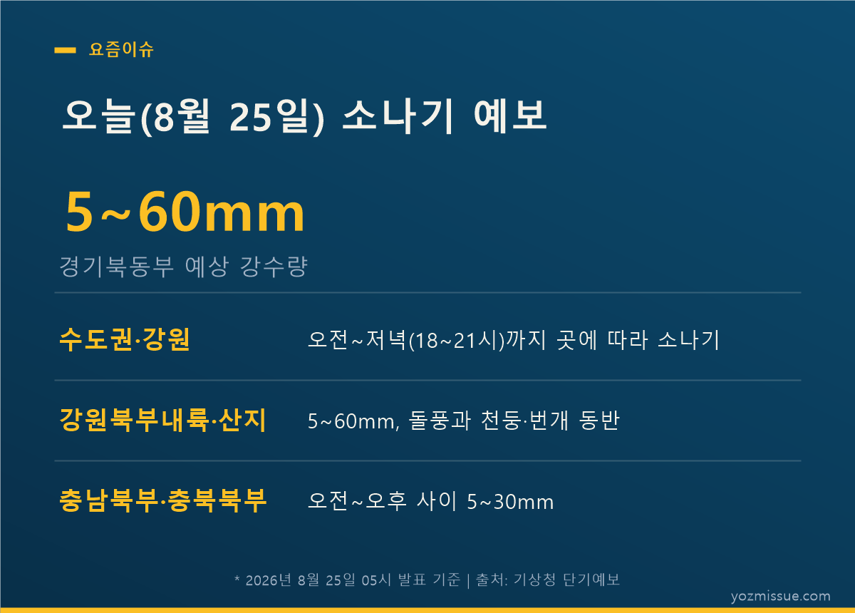 오늘 8월 25일 소나기 예보 — 경기북동부 5~60mm, 돌풍과 천둥·번개 동반