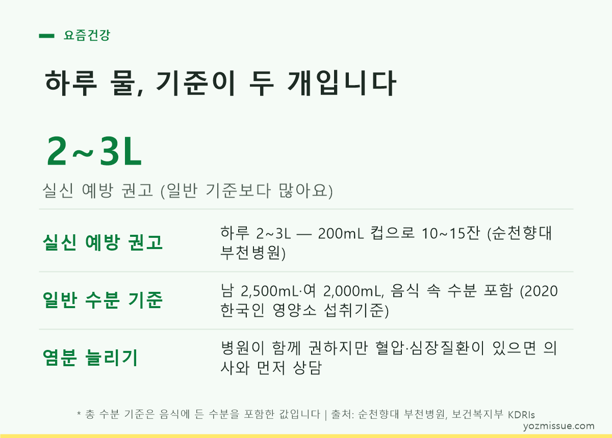 하루 물, 기준이 두 개입니다 — 실신 예방 2~3L와 일반 총 수분 기준 비교