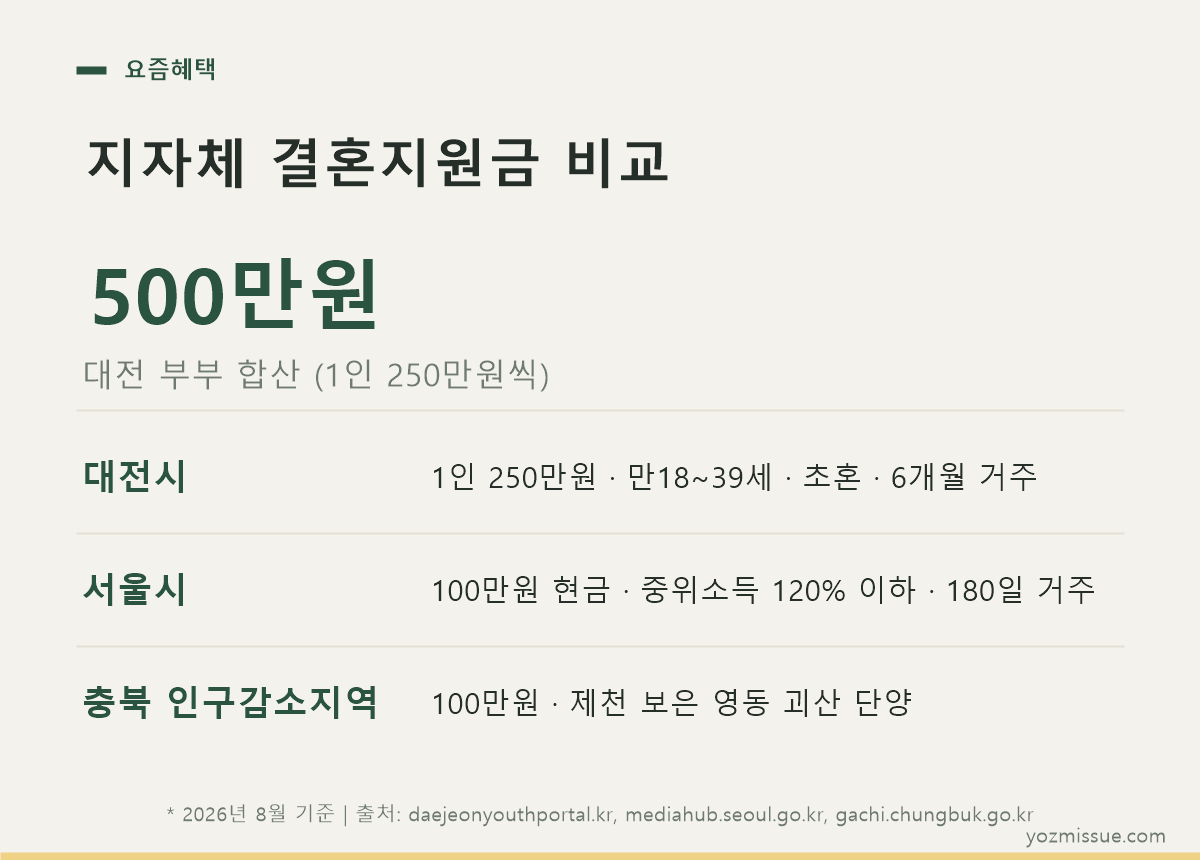 지자체 결혼지원금 비교 — 대전 부부 합산 500만원, 서울 100만원, 충북 인구감소지역 100만원